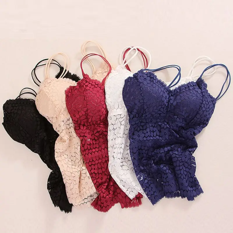 Solid Lace Bra Padded Wire Free Bra Can Be Worn Outside Floral Openwork Non-adjusted Straps Vest One Size Bras Hot Hot