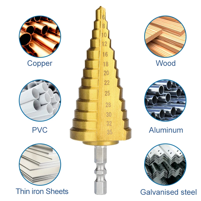 CMCP Step Cone Drill 4-22 6-35mm Step Drill Bit Hex Shank Titanium Coated Cone Drilling Tool HSS Steel Wood Metal Hole Cutter