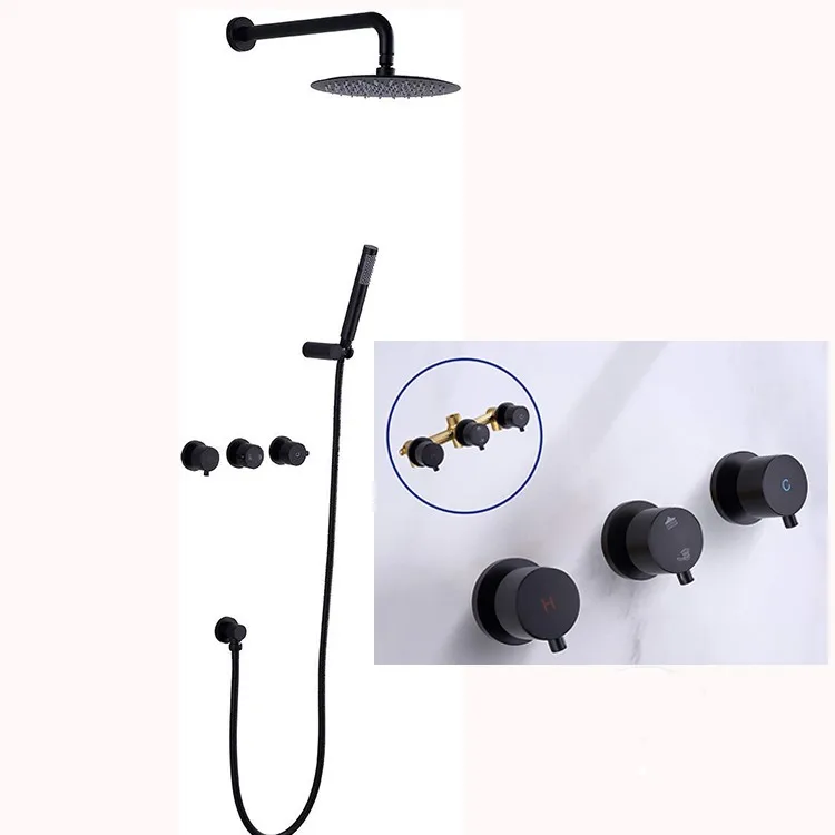 Brass bathroom shower faucet set black two functions Double handle control mixer shower head set Wall mounted 250mm shower head