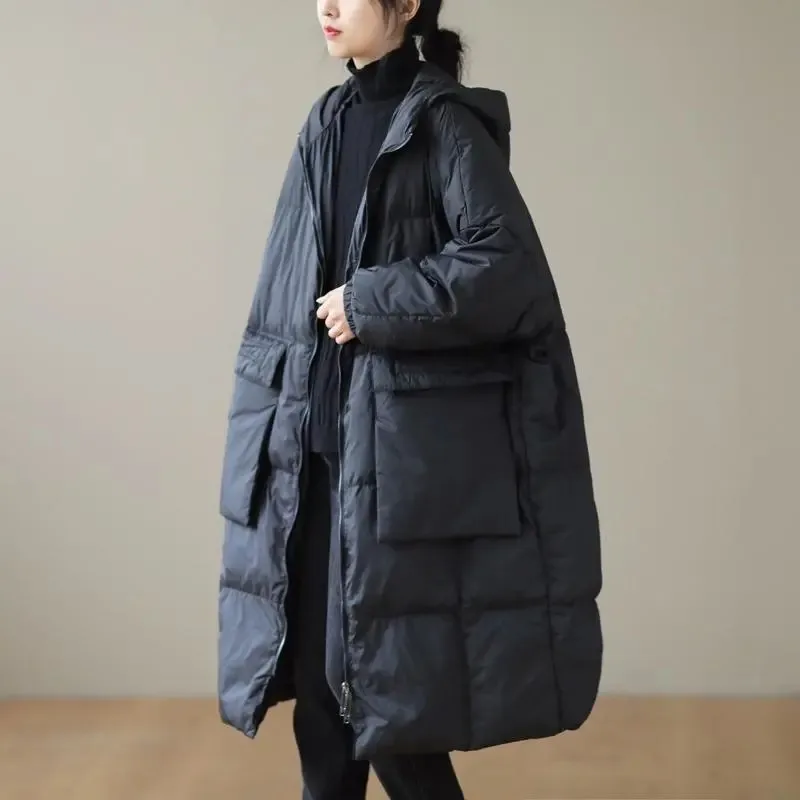 New Winter Coat Women Hooded Long Sleeve Solid Black Cotton-Padded Warm Loose Femmes Jacket Parkas Cotton clothes Outwear