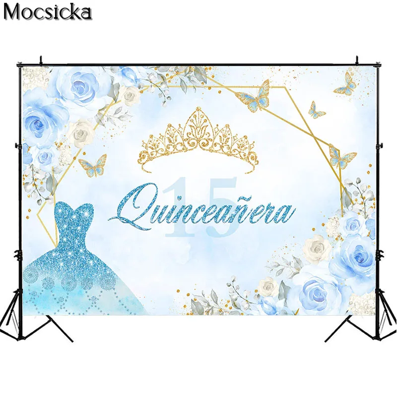 Quinceanera 15 16th Princess Birthday Party Backdrops Sweet Girl Dress Flowers Glitter Crown Decor Props Photo Booth Background