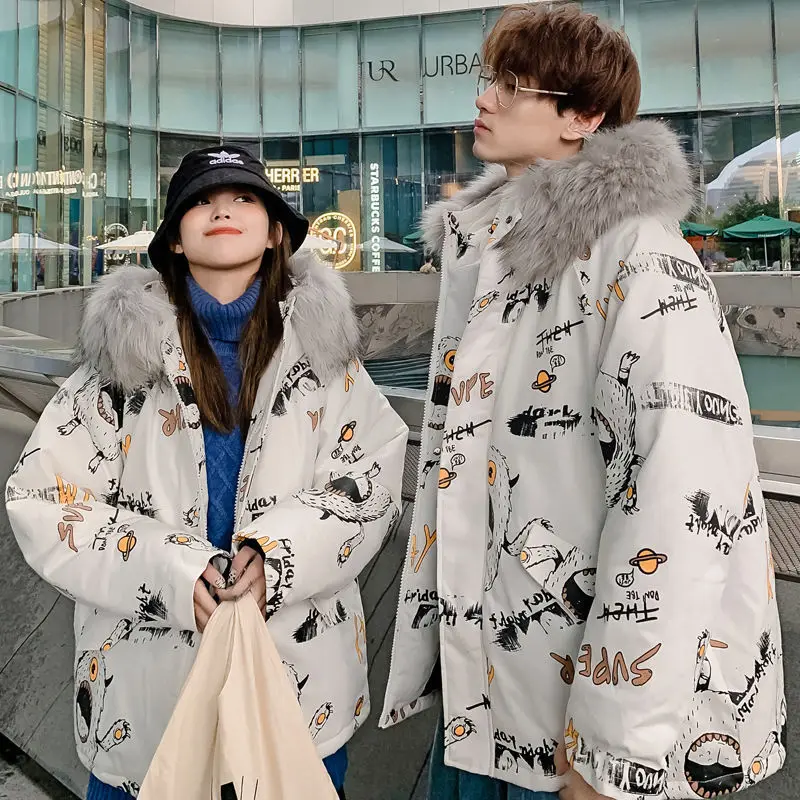 Lovers piumini invernali donna ispessita cappotto da pane ins giacca imbottita in cotone collo di pelliccia grande cappotto caldo per giovani uomini e donne