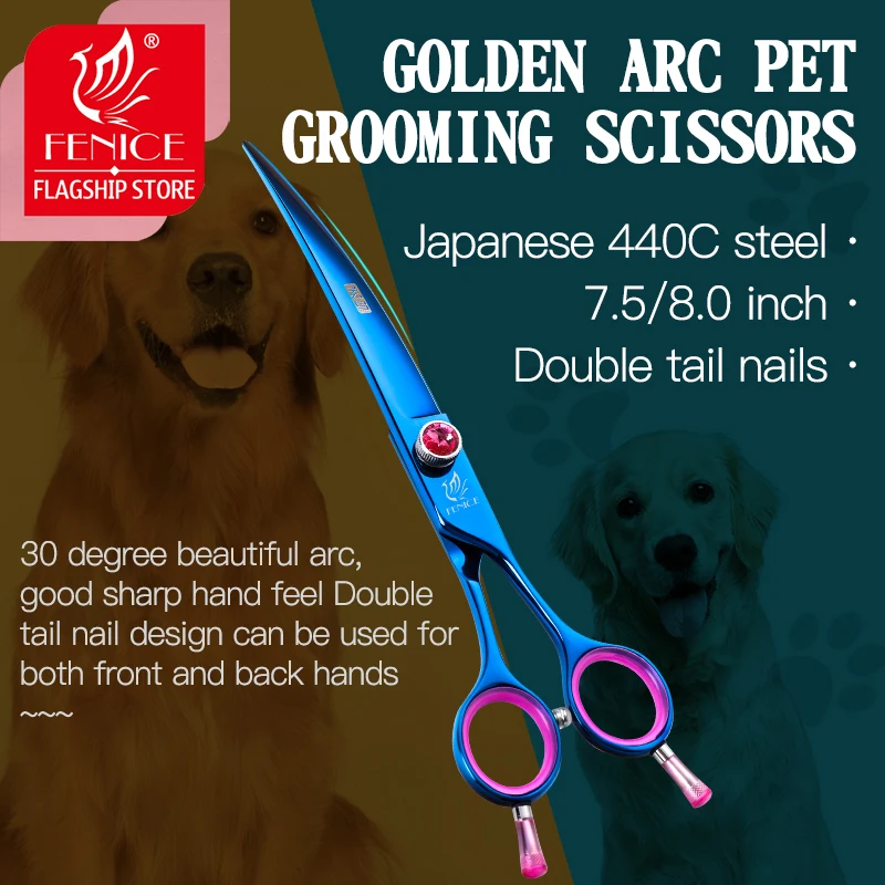 Fenice Professional Japan 440c 7.5 8.0 inch pet scissors dog Grooming Blue Curved Shears