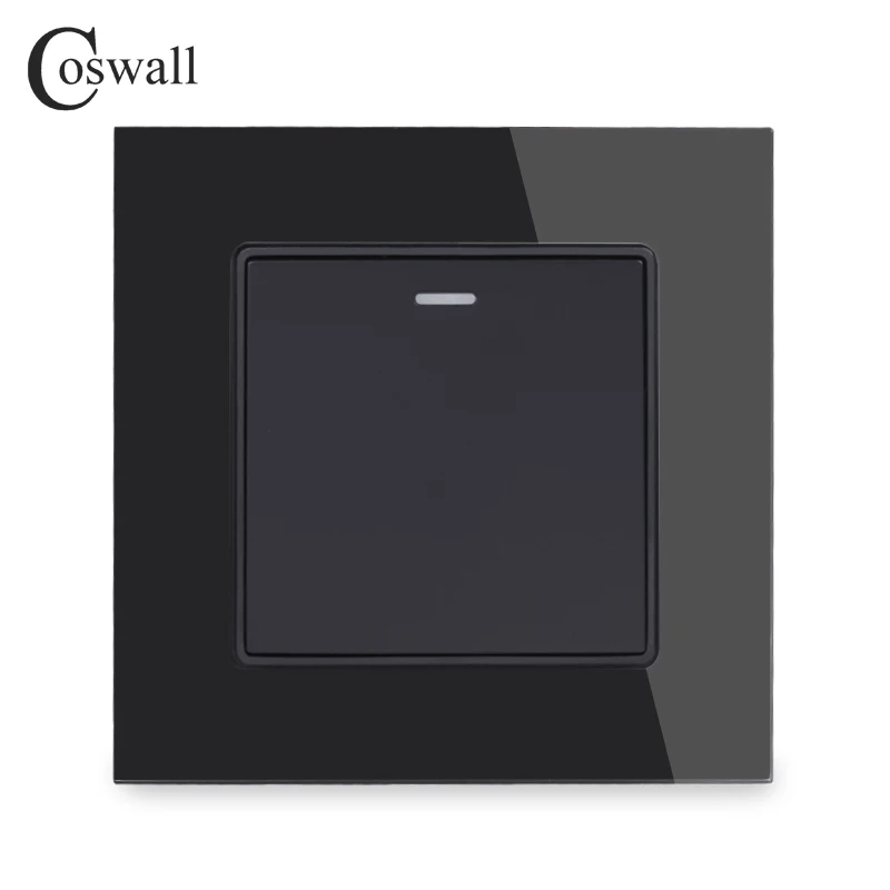 COSWALL 1 Gang 1 Way Crystal Tempered Glass Panel Light Switch On / Off Rocker Wall Switch Interruptor 16A Black White Grey Gold