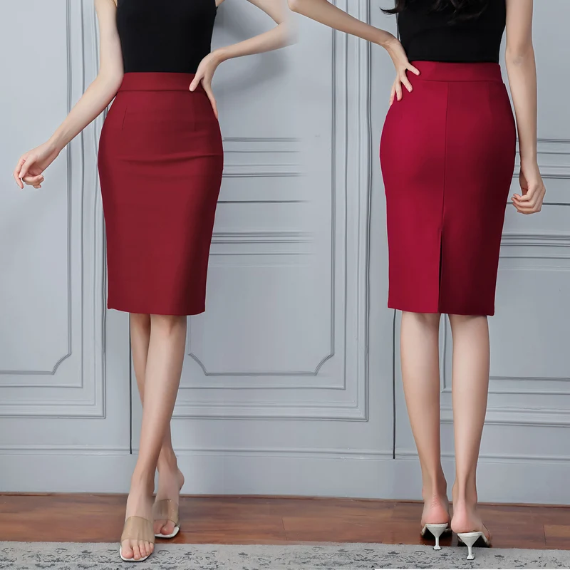 8 Colors back split formal bodycon skirts womens 2020 knee length elastic high waist pencil midi office skirt black blue c102