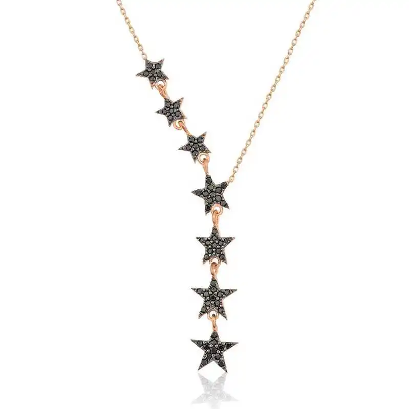 Silver Black Shooting Stars Lady Necklace 925 Sterling Women Fine Jewelry Wedding Party Birthday Gift - Jeweled - Box - Pendant - Chain Choker - Female - Ladies - Fashion