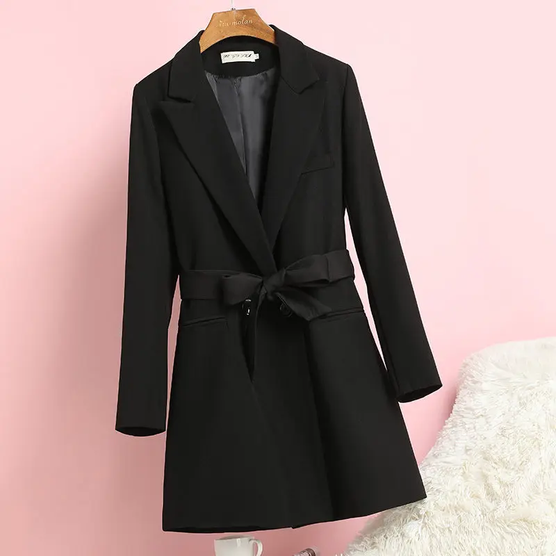 

Black Suit Jacket Female Spring Autumn Long Blazers 2024 New Straight Loose Office Ladies Blazer Coats Overcoat With Belt e237