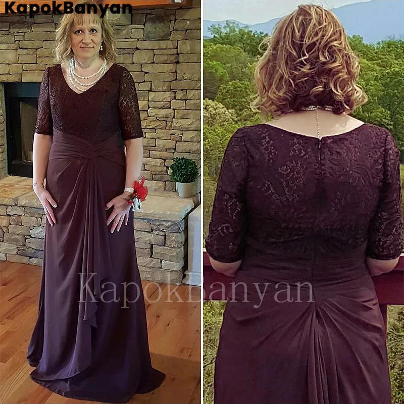 

Grape Lace Chiffon Long Mother of the Bride Dress V-neck Half Sleeves Zipper Evening Party Gown