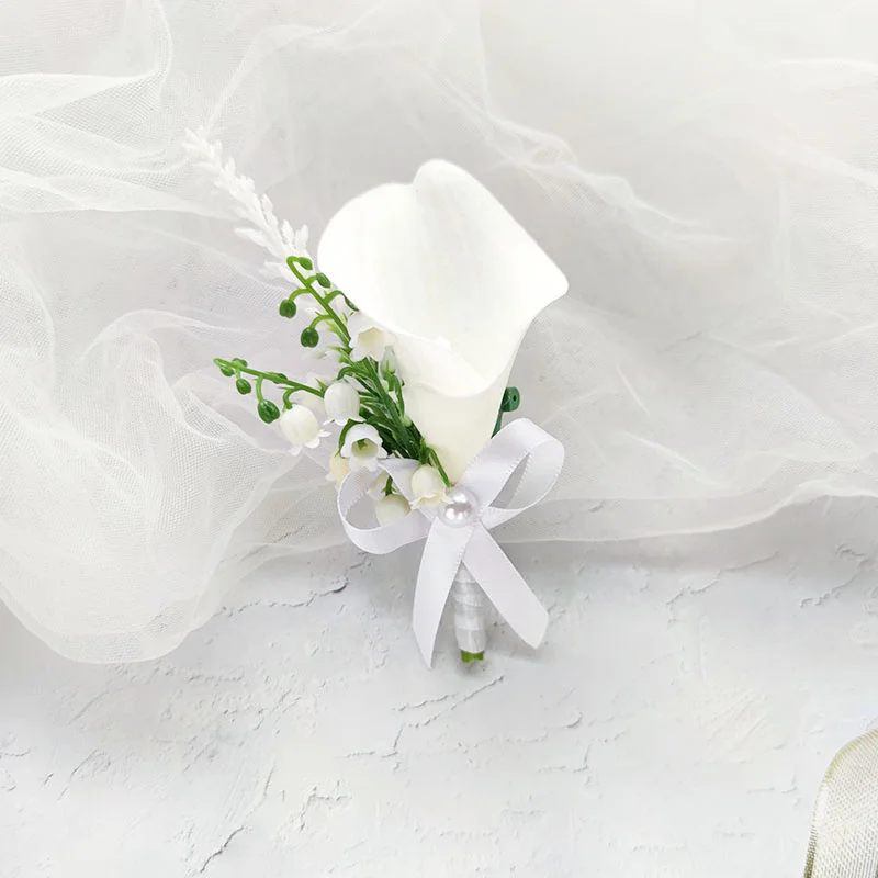 Boutonniere ramillete de boda para novio, broche de lirio de cala Artificial para hombres, alfileres de decoración de trajes de flores, accesorios