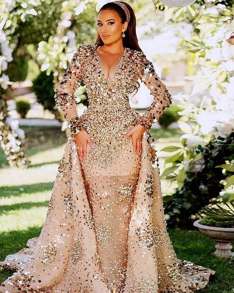 

Arabic Aso Ebi Gold Sparkly Luxurious Prom Dresses Beaded Crystals Sheer Neck Evening Formal Party Second Reception Gowns