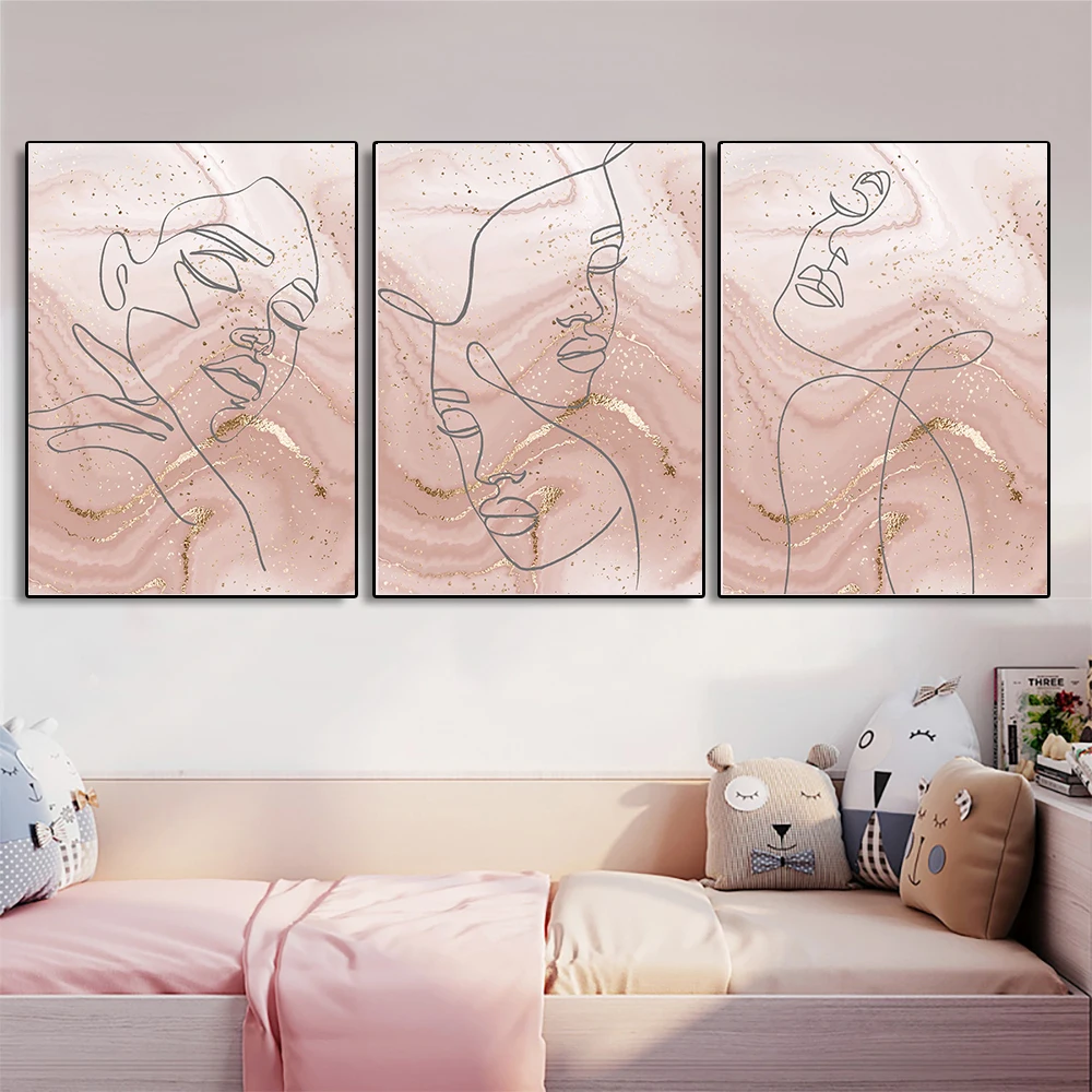 Abstract Gold Grain Line Body Poster Nordic Wall Art Pink Picture Print Aesthetic Morden Canvas Painting Living Room Home Decor