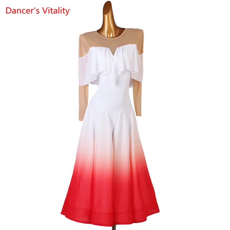 

Ballroom Dance Dress Round Neck Chiffon Long Skirt Performance Clothes Profession Custom Female Adult Child Competition Clothing