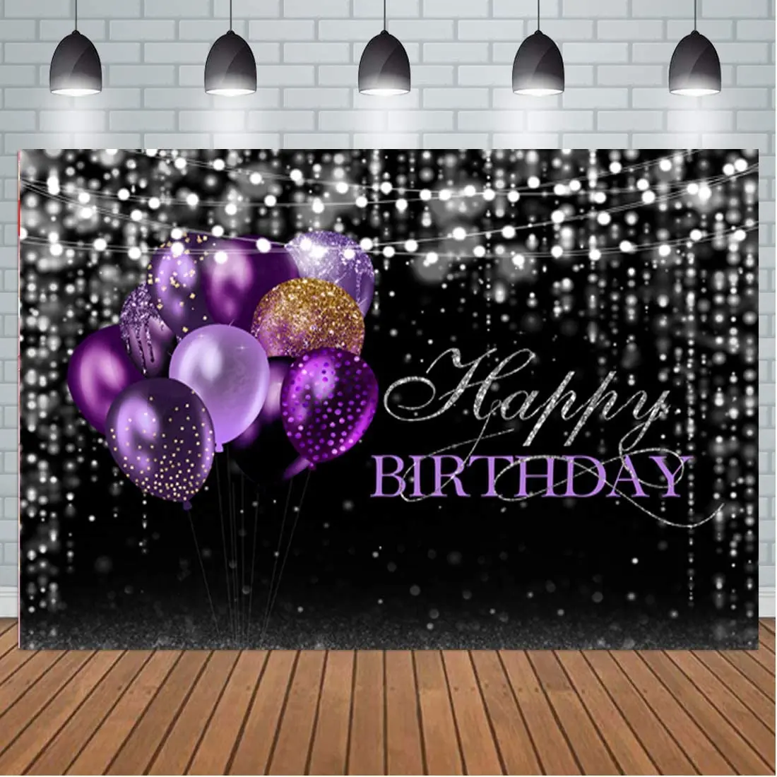 Silver Black Happy Birthday Backdrop Shiny Sequin Purple Balloons String Lights Bokeh Photography Background Party Decorations