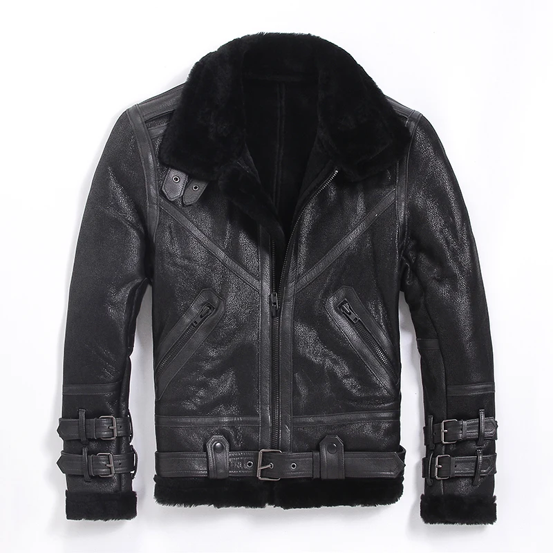 Sheepskin,motor Free shipping,Quality 100% Shearling,man's warm leather jacket,men's fur winter coat.plus size wool jackets.