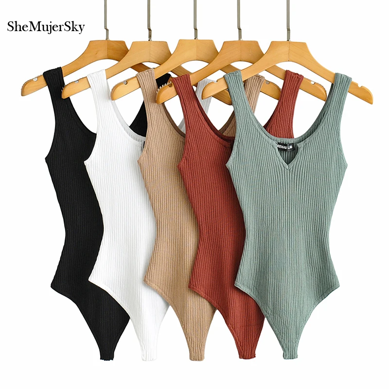 SheMujerSky Sexy Deep V-neck Bodysuits Womens Summer Sleeveless Knitted Elastic Slim Tops Jumpsuits 2021