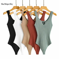 SheMujerSky Sexy Deep V-neck Bodysuits Womens Summer Sleeveless Knitted Elastic Slim Tops Jumpsuits 2021