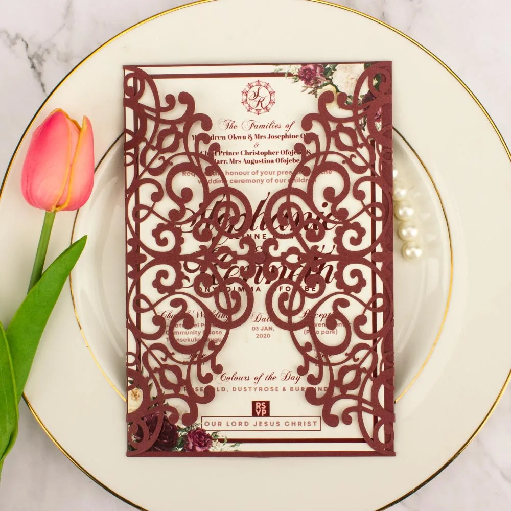 Free Shipping 1X Purple Ivory Silver Burgundy Gray Navy Rose Gold Wedding Invitation Card Laser cut Hollow Invite greeting cards