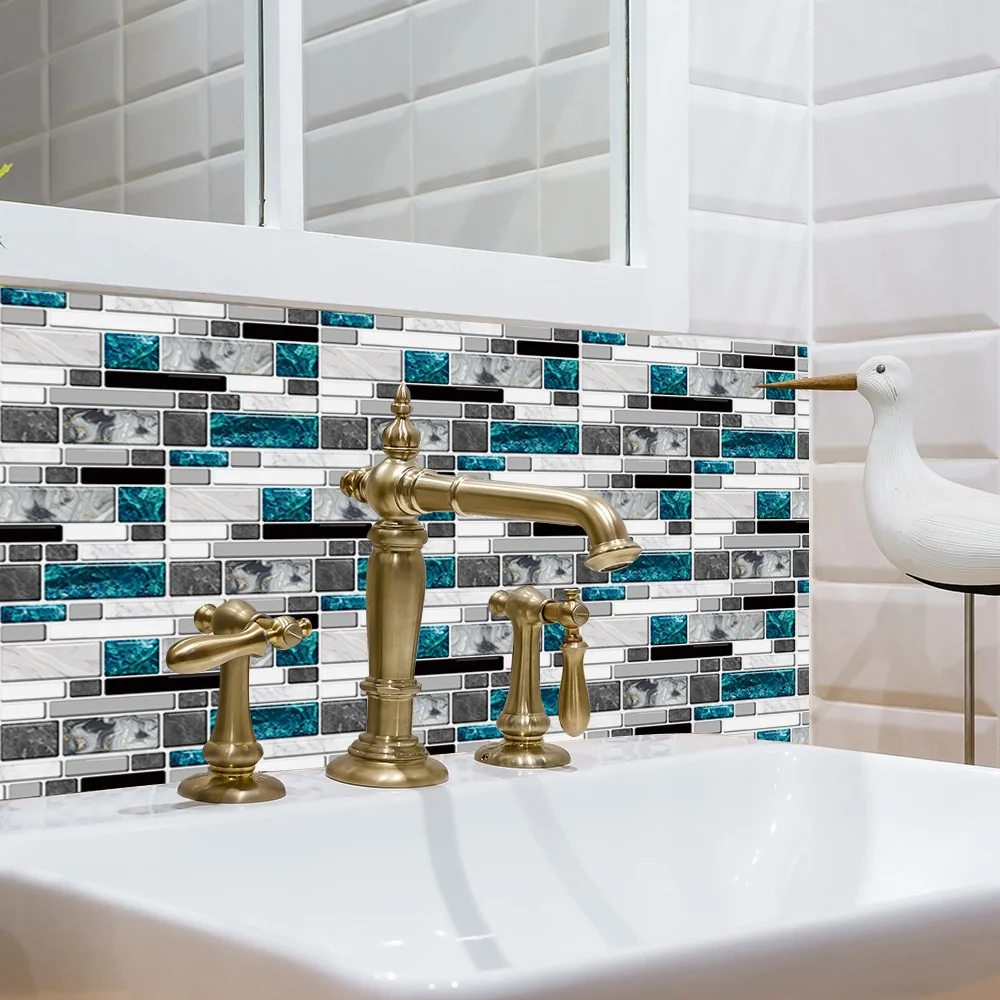 Adesivo de vidro azul de ágata, adesivo de tijolos mármore de pvc para decoração de parede de azulejo e azulejo, 36/peças, 20x10cm