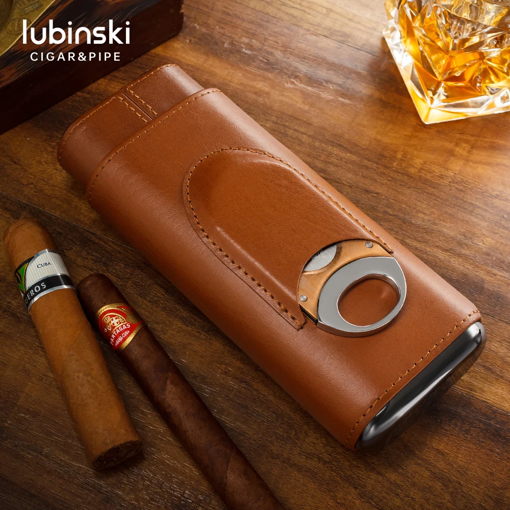 LUBINSKI Brown Leather Travel Cigar Case Holder Cedar Wood Lined Cigar Humidor 3 Count With Cutter Gift For Cohiba cigars