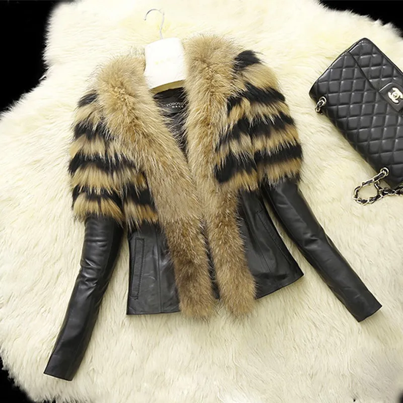 Warm Winter PU Stitching Faux fur jacket High waist jacket Fake fox fur Jacket Long sleeved Zipper imitation raccoon hair Coat