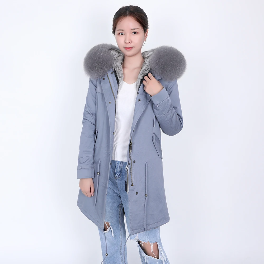 maomaokong Winter women's coat, real rabbit fur lining, fox fur collar, long gray women's parka coat, winter outdoor coat