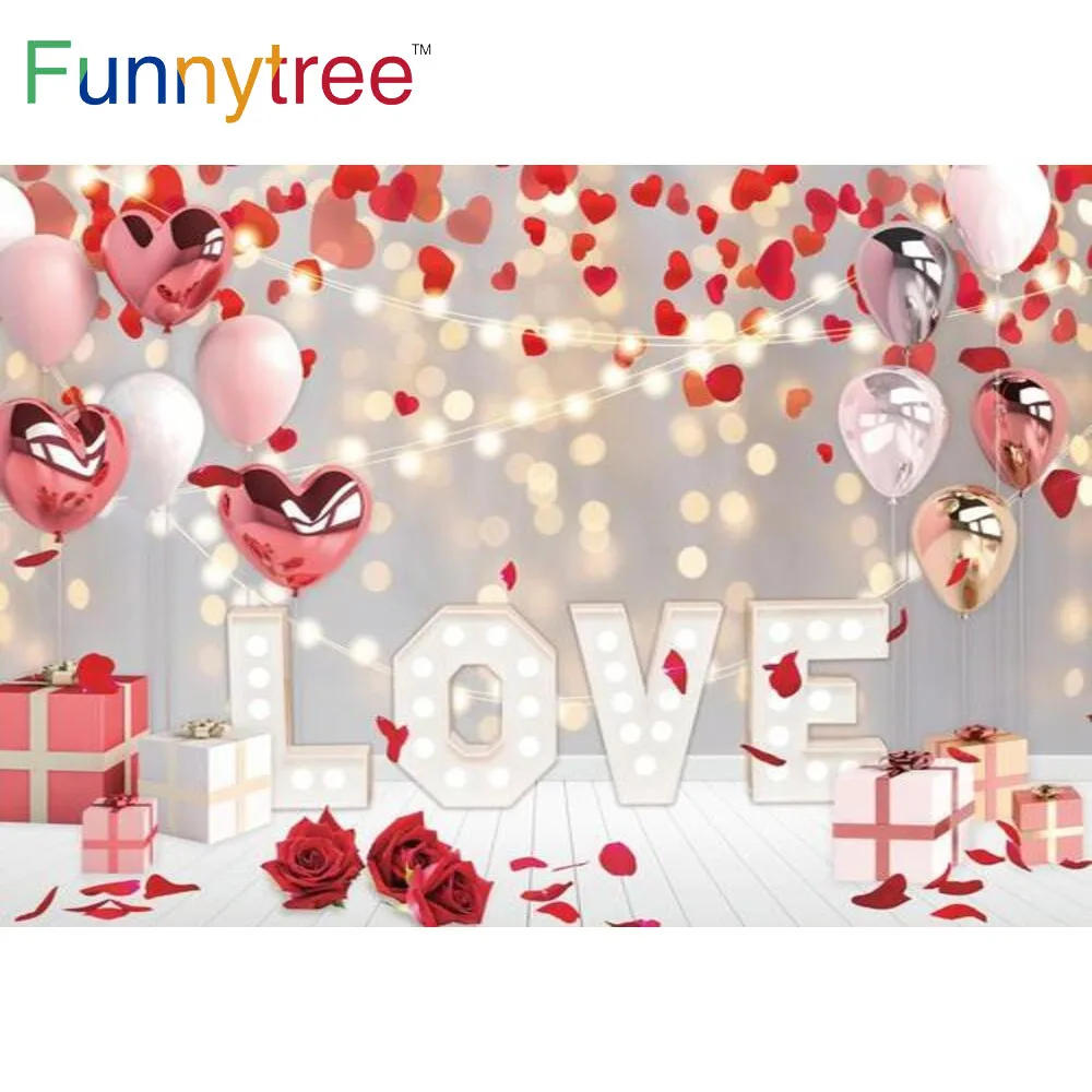 Funnytree Wedding Engagement Party Background Happy Valentine's Day Bridal Shower Balloons Heart Bokeh Floral Photo Backdrop