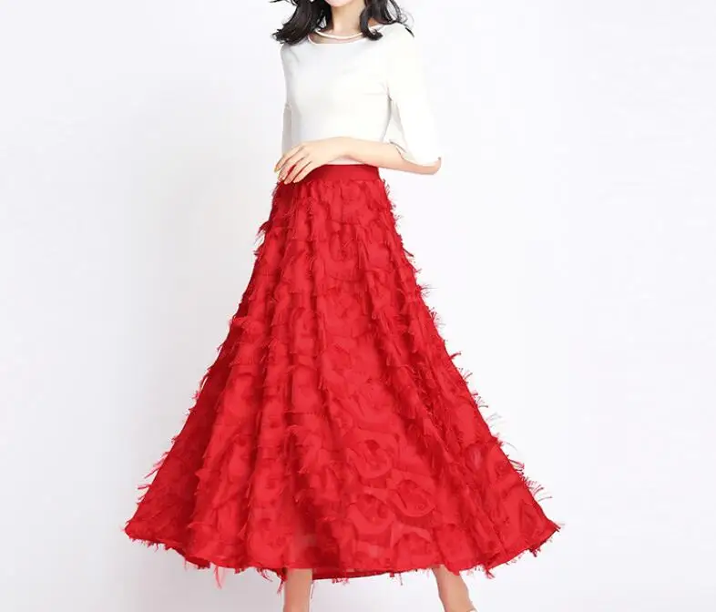 New Summer Long Skirt Women  Spring Feather Tassel Skirts Female Elegant Runway Skirt Maxi Party Jupe Faldas Largas Mujer