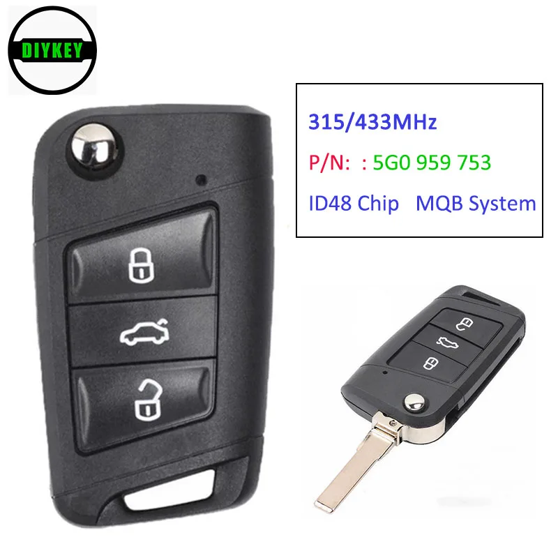 

DIYKEY Keyless-Go MQB System Smart Remote Key 315MHz 434Mhz ID48 Chip for Volkswagen Golf 7,Tiguan 2014-2018 FCC: 5G0 959 753