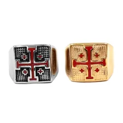 Wholesale Red Cross Ring Stainless Steel Jewelry Jerusalem Crusaders Religious Jesus Christ Biker Male Ring Gifts SWR0866