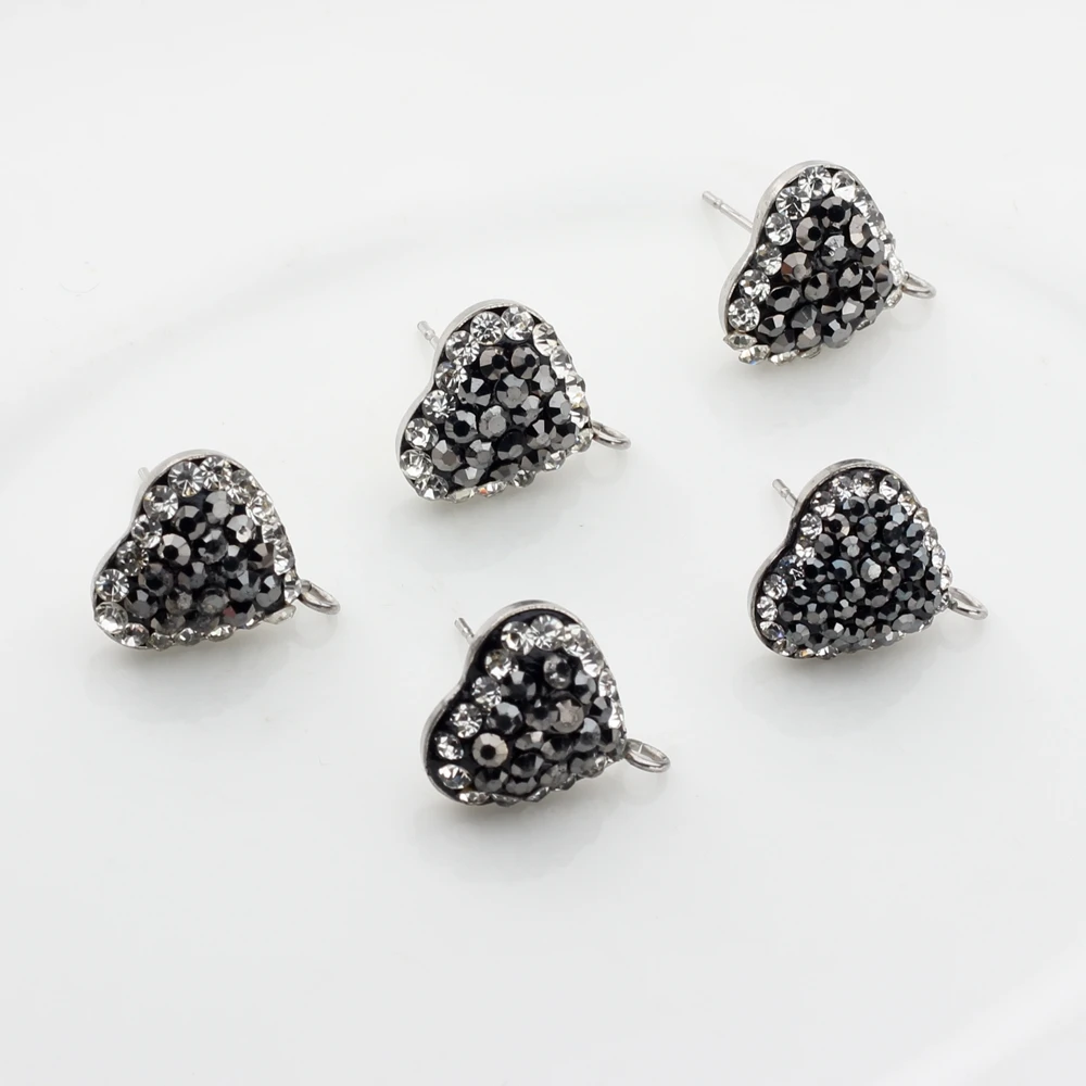 Stainless Steel Black Soft Ceramic Heart-shaped Inlaid Crystal Earrings Connector Charms 6pcs/lot For DIY Earrings Making Craft