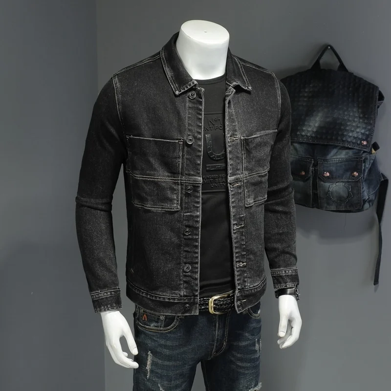 Fashion Mens Denim Jackets Spring Autumn Mens Casual Black Cotton Patchwork Jeans Coat High Quality