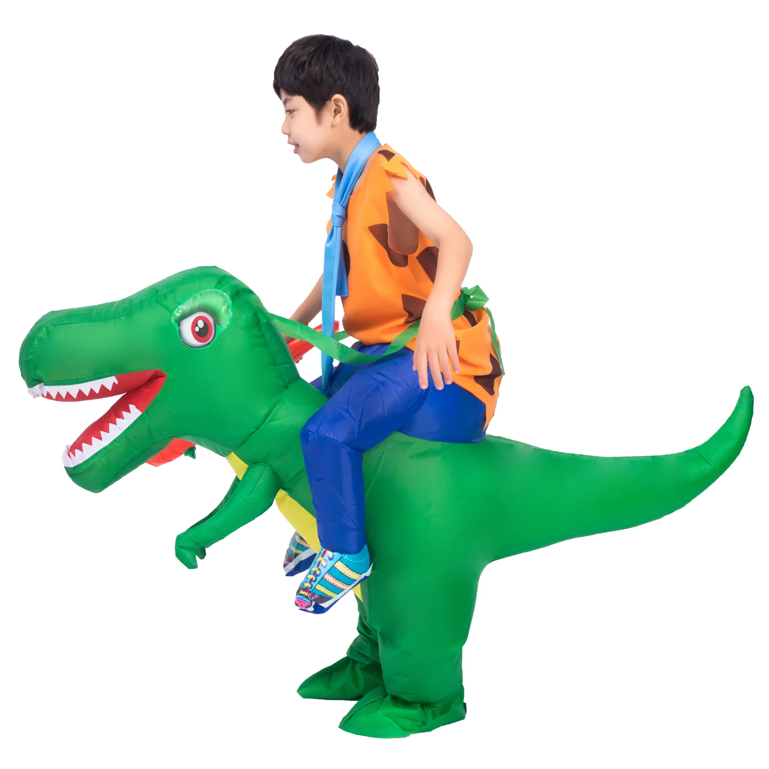 Boys Caveman Fred Riding Dinosaur Inflatable Costume Child Kids Halloween Purim Party Inflated Fancy Dress Cosplay