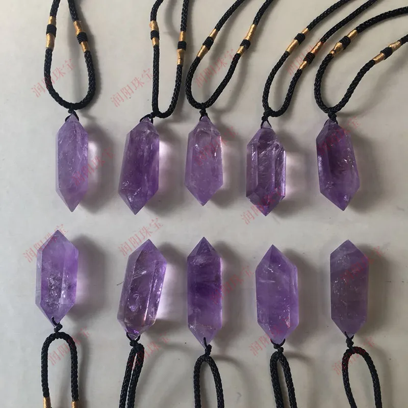 Natural Amethysts Crystal Pendant Column Double Pointed Necklace Faceted Points Hexagonal Prism Quartz necklace Purple