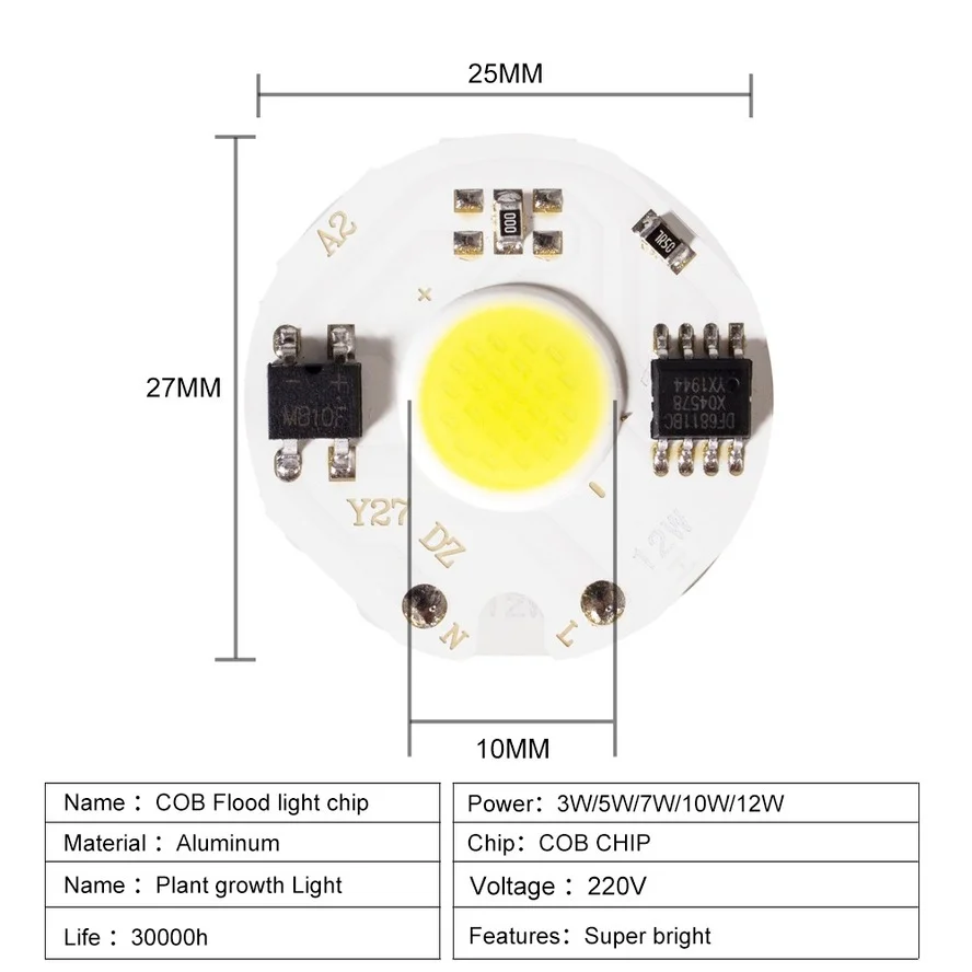 OuuZuu Mini COB LED Chip Light 220V LED COB Chip Y27 3W 5W 7W 12W Round Diode Lamp for Spotlight Not Need Driver DIY Floodlight