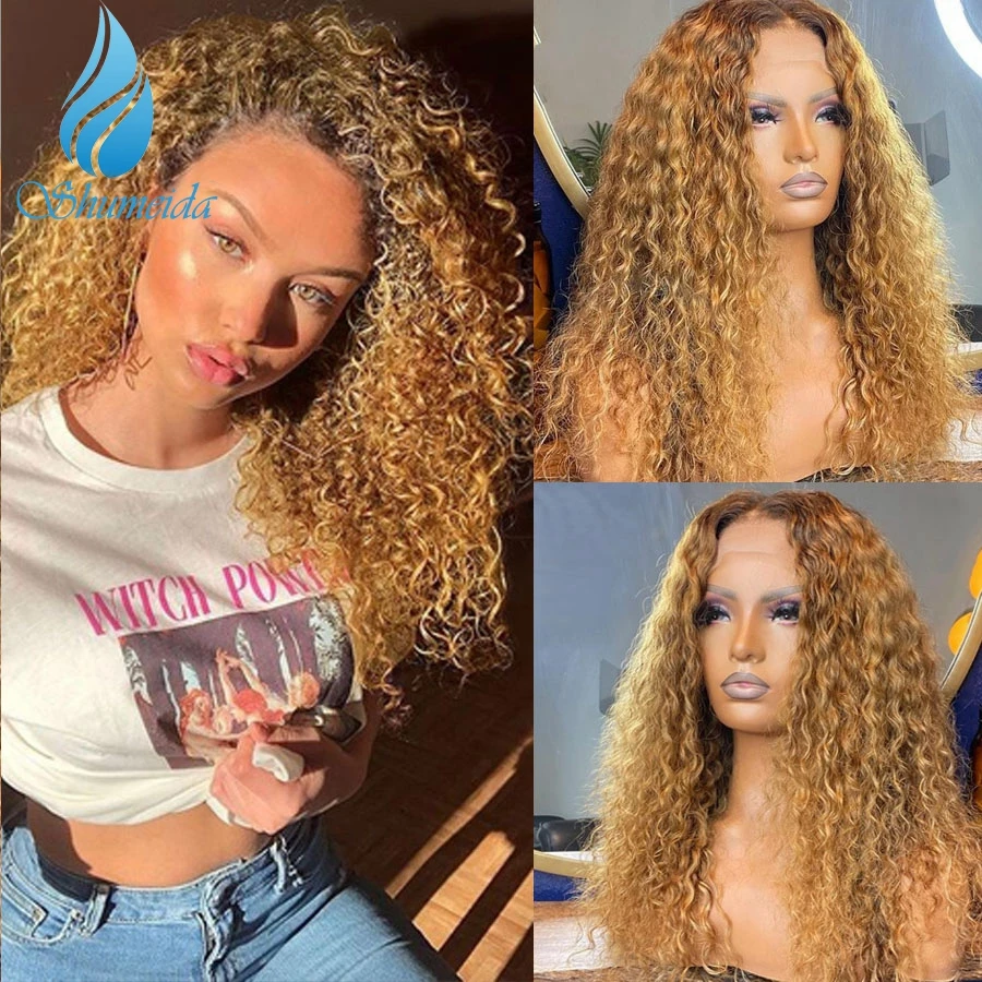 Shumeida Ombre Honey Blonde T Part Wig Human Hair Wig with Baby Hair Brazilian Remy Hair Curly Glueless Lace Wigs