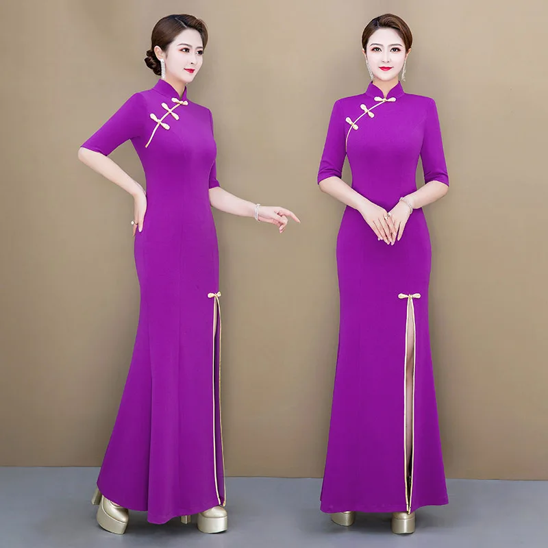 

Women Purple Sexy Satin Cheongsams Slim High Split Chinese Dress Gown Oversize Qipao Temperament Celebrity Banquet Vestidos