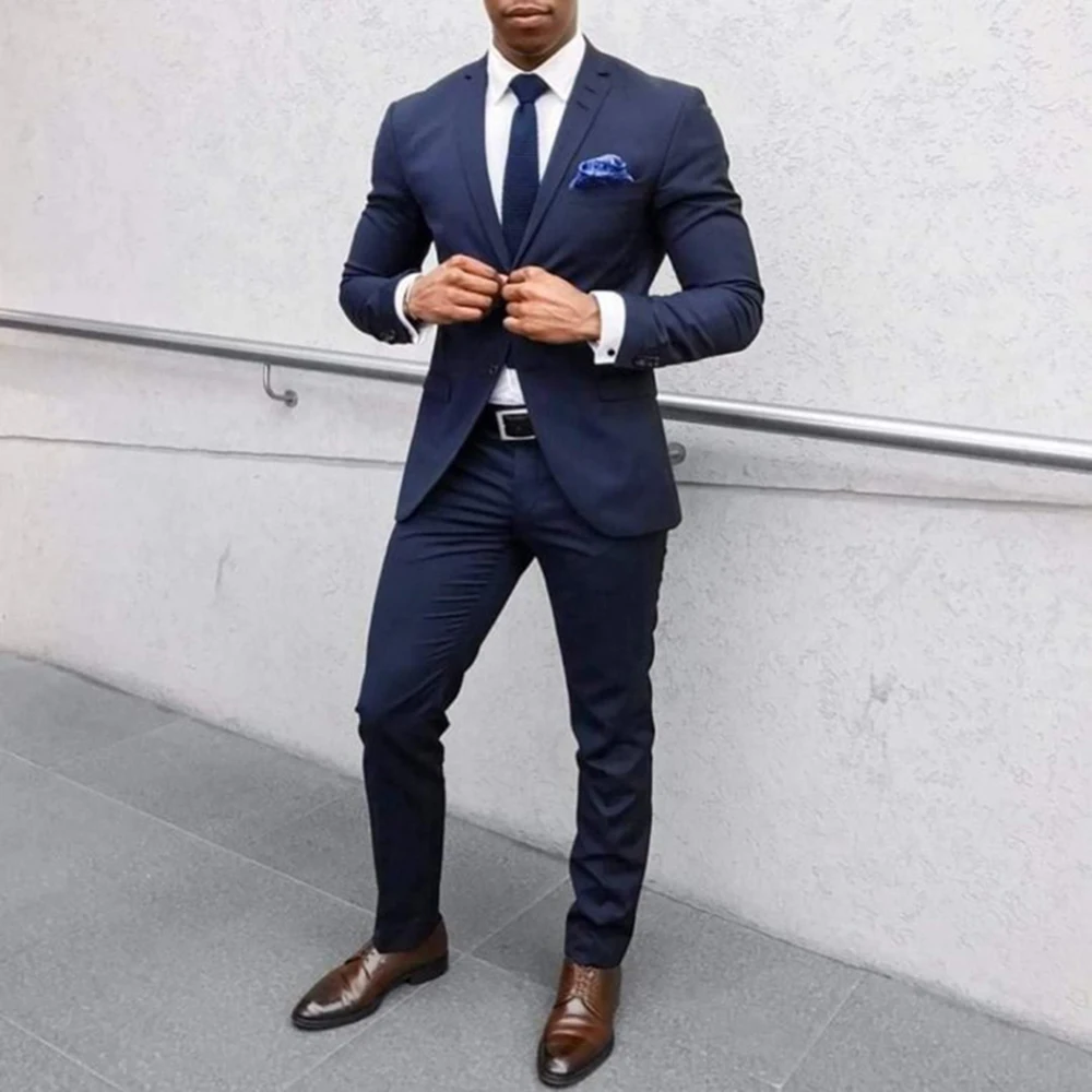 

2021 New Arrival Notched Lapel Navy Blue Mens Suit One Button Slim Fit Groom Tuxedos Tailor Made 2 Pieces Suit Terno Masculino