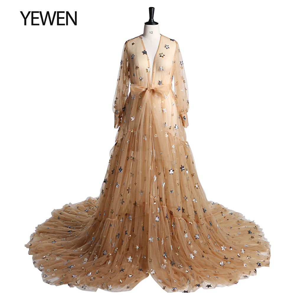 Elegant Sparkle Stars Long Sleeves See Through Maternity Robe Photo Shoot Dress Evening Gown for Baby Shower Plus Size YD210425