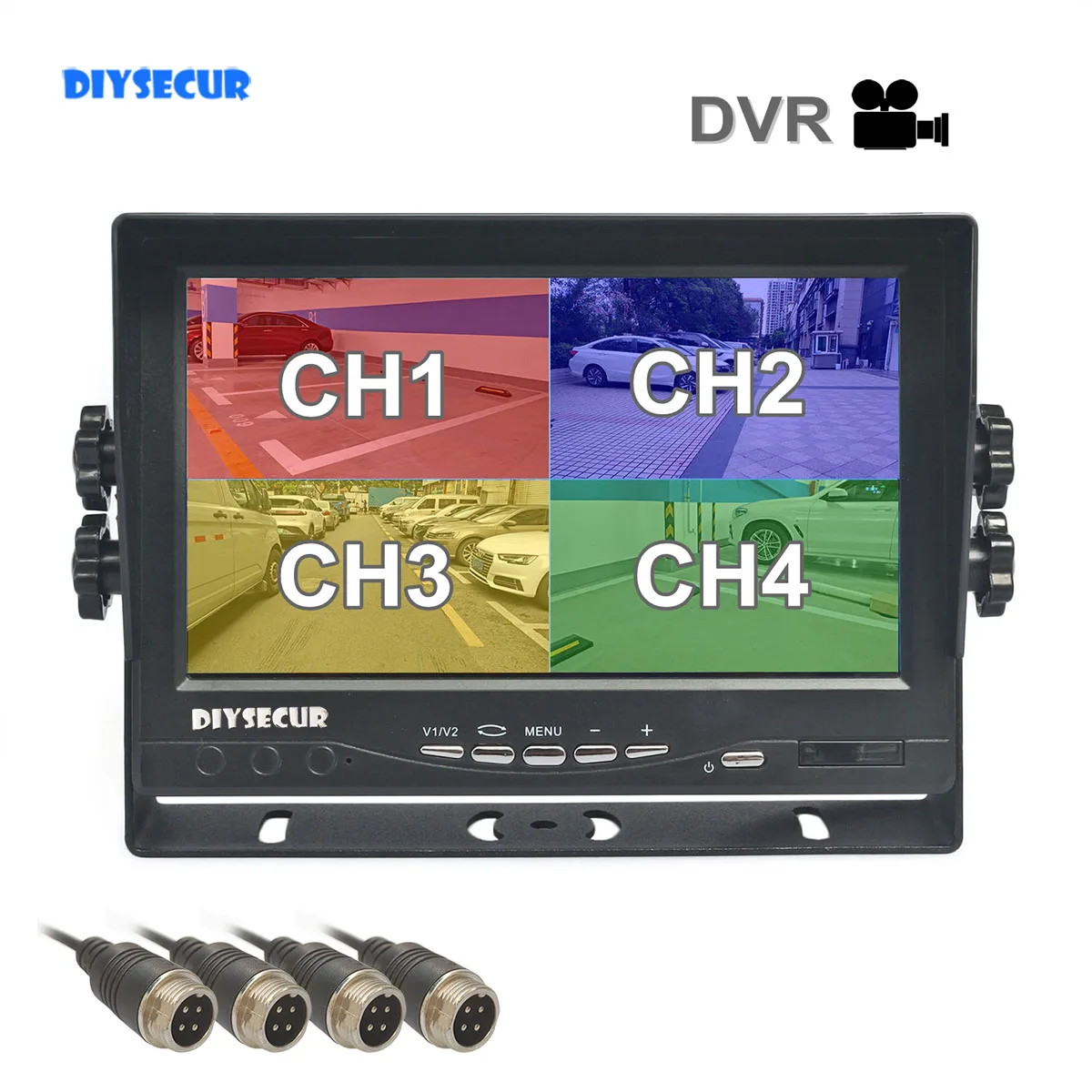 DIYSECUR 1024*800 AHD 7inch Split Quad Screen Rear View Car Monitor Support 4 x 960P AHD Camera with SD Card Video Recording