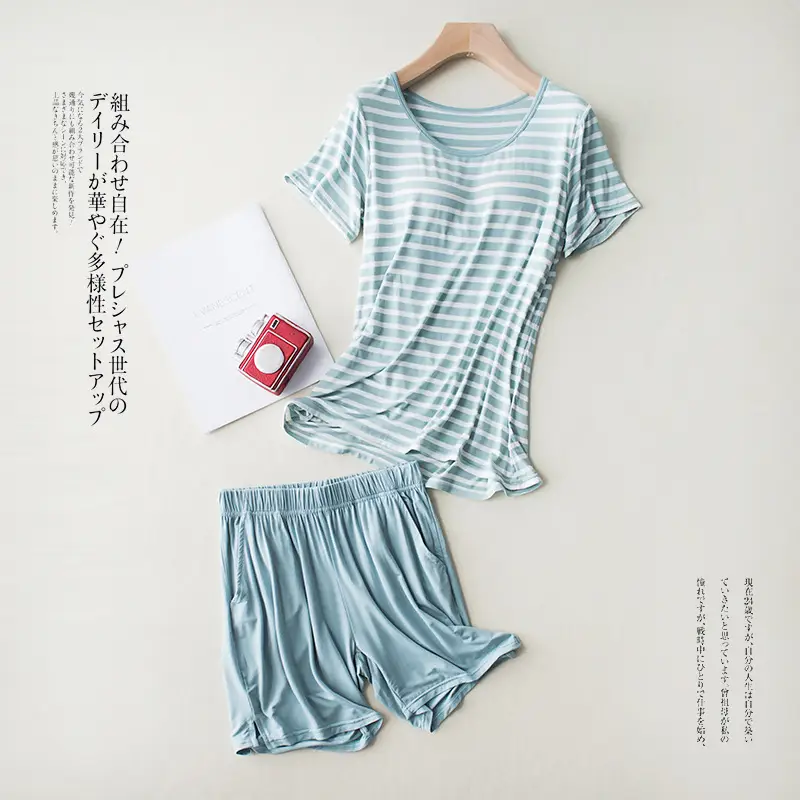 New Modal Lady Short Sleeve Pajamas Set With Bra Pad Bra One Piece Half Sleeve Shorts Striped Loose Large Size Home Wear Set - Image 6