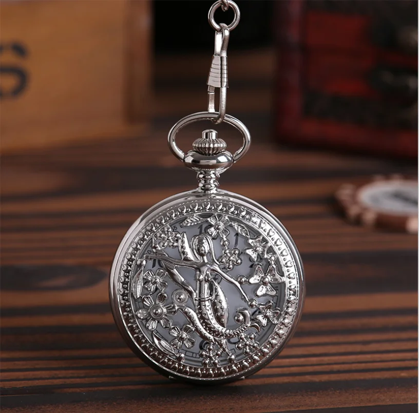 8002Pocket Watch Silver Hollow Petals Surround Dancing Mermaid Design Pendant Ladies Fashion Gift Necklace