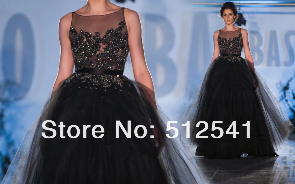 Chest Sheer Black Long Prom Dress A Line Sccop Ruffle Applique Beads Organza eveni g dresses 2019 New Arrive robe de soiree