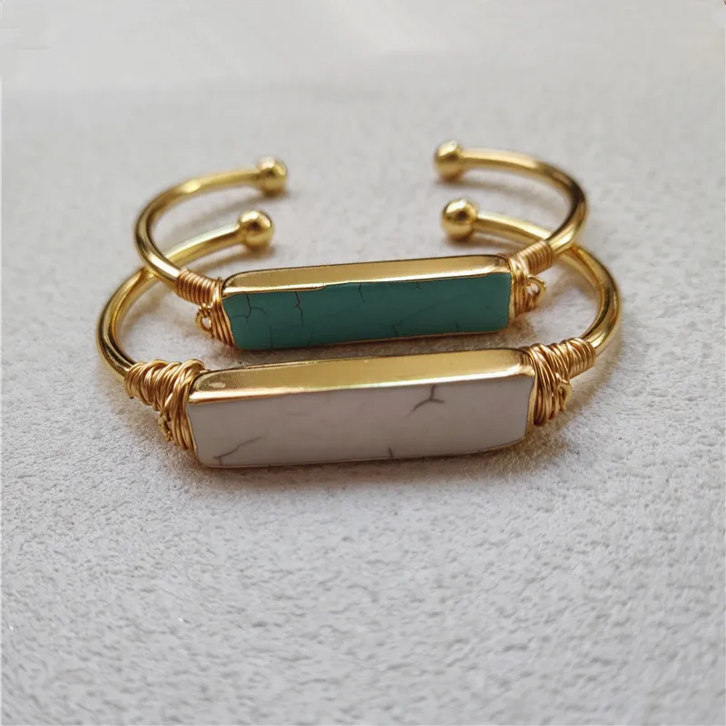 FUWO Wholesale Rectangle Turquoises Wire Wrapped Bangle,Golden Plated White/Green Howlite Open Cuff Jewelry For Women 5Pcs BR008