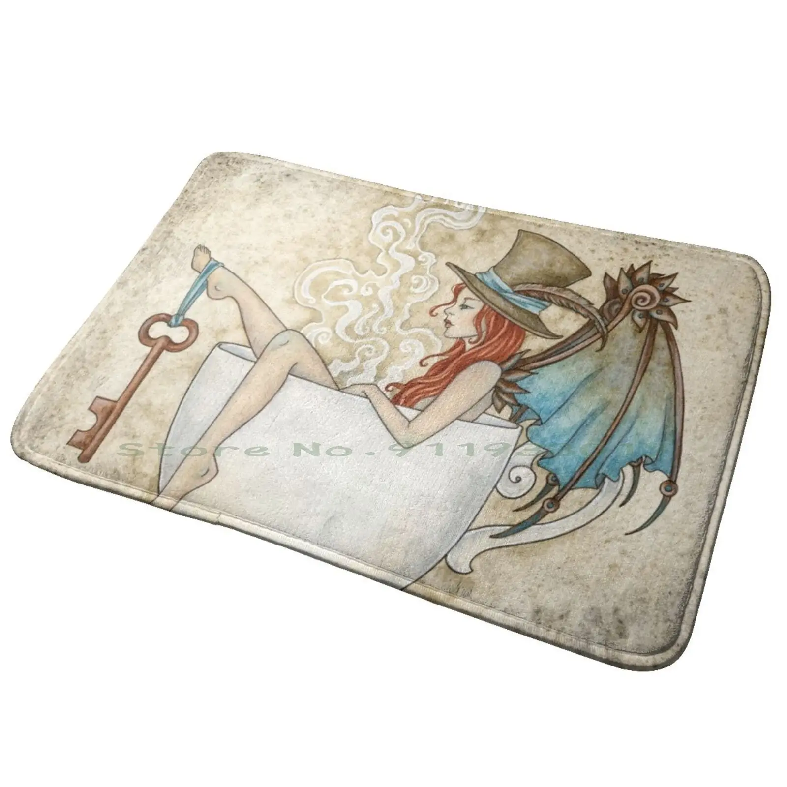 Steam Bath Entrance Door Mat Bath Mat Rug Fantasy Steampunk Fairy Teacup Key Vintage Antique Magic Whimsical Amy Brown Kitchen