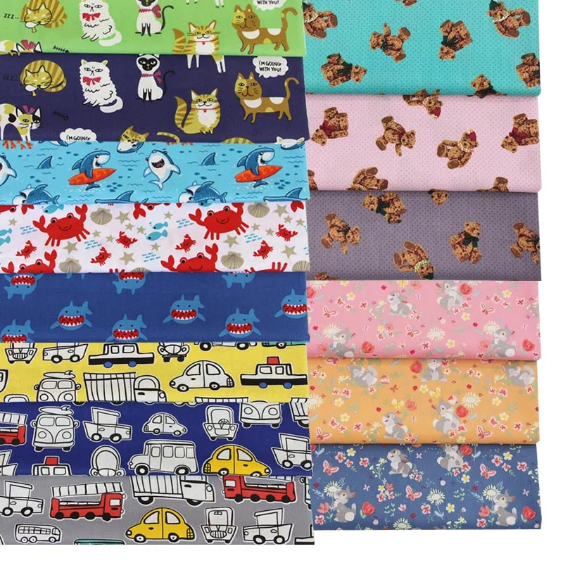 100% Cotton Twill Fabrics Cute Cat Whale Crab Shark Car Bear Rabbit For DIY Handwork Patchwork Quilting Clothes Craft Home Decor