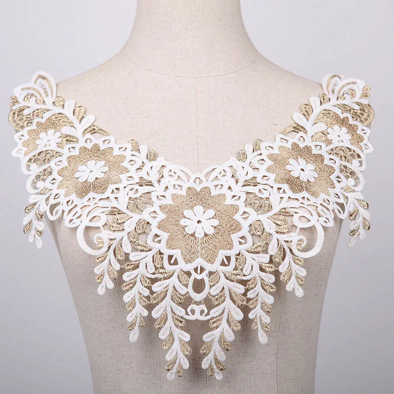 White Gold Organza Guipure Lace Fabric Appliques Patch Embroidered Flowers Wedding Dress Garment Sewing Decor