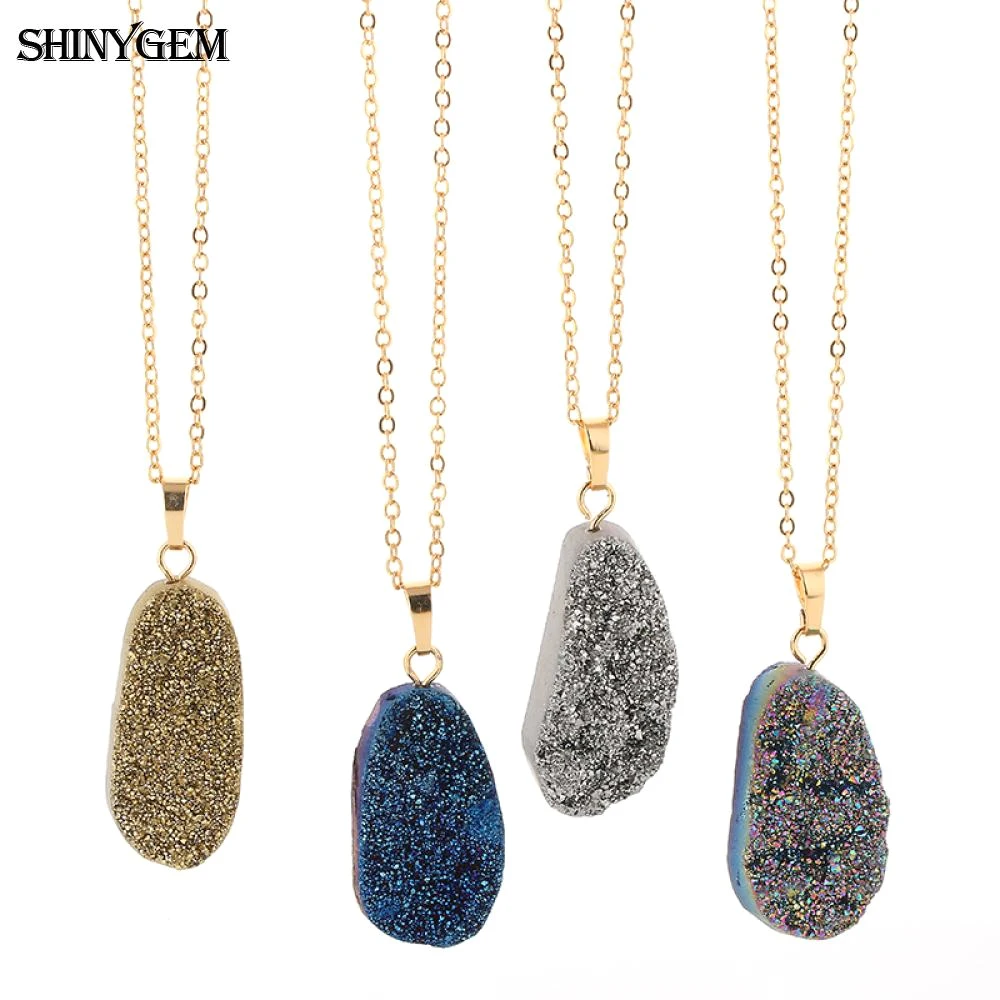 

ShinyGem fashion Irregular Big Druzy Gem Stone Necklace Gold Plating Natural Sparkling Druzy Stone Pendant Necklace For Women