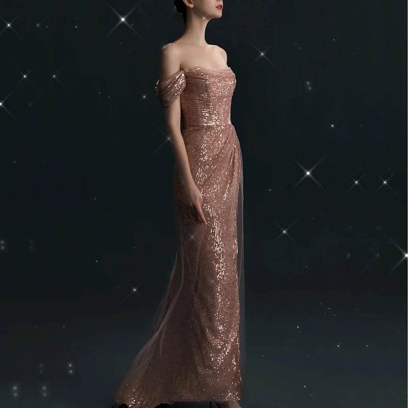 Robe de bal mi-longue en mousseline de soie pour femmes, tenue de soirée formelle, épaules dénudées, paillettes, brodées, pompon, plissée