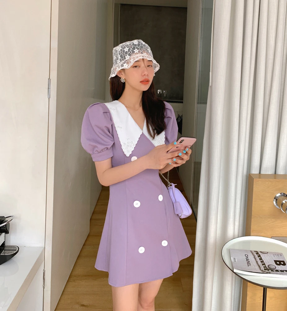 

Summer Purple Kawaii Women's Sundress Mini Dress NICE Robe Double-Breasted Suit Collar Short-Sleeved Dresses Sukienka