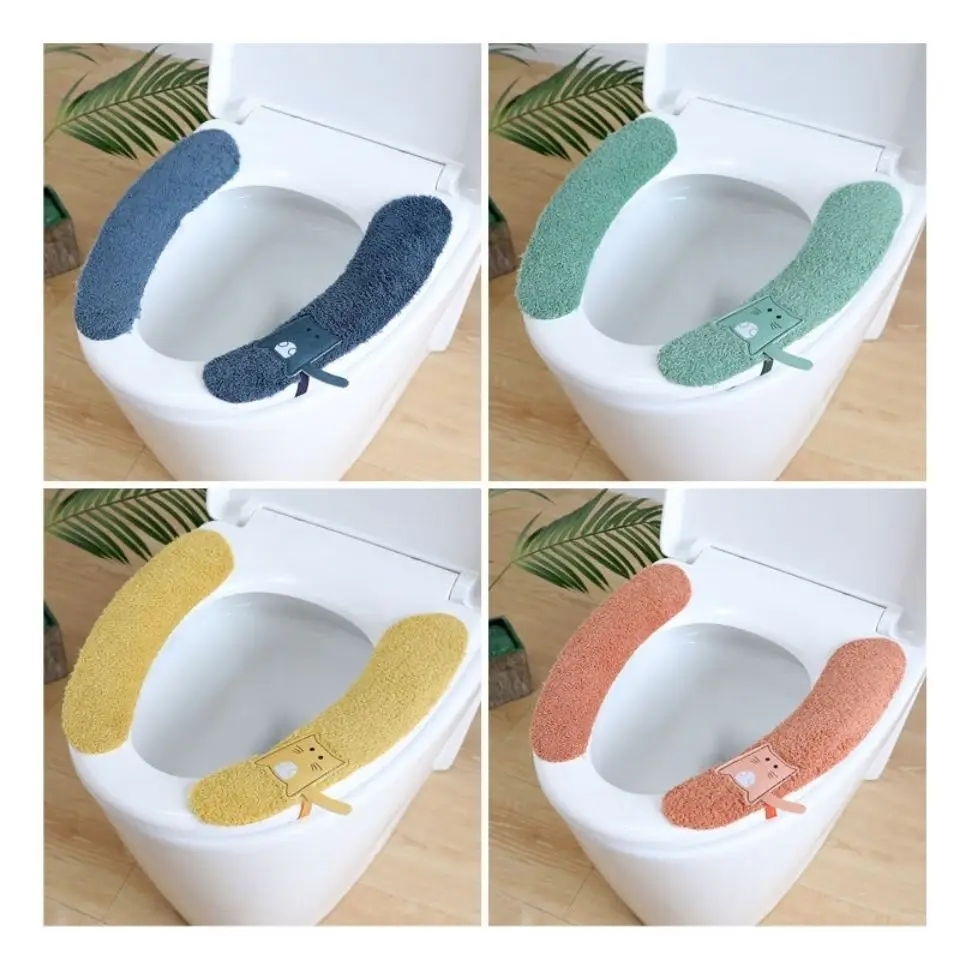 1Pair Portable Reusable Warm Plush Toilet Seat Filling Washable Bathroom Mat Seat Cover Health Sticky Pad Household Supplies